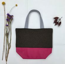 Load image into Gallery viewer, Handbag. Bag. Ex-designer olive green wool fabric and soft fuchsia leather handbag.