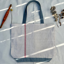 Load image into Gallery viewer, Tote Bag. Vintage French linen fabric with a light blue denim bottom.