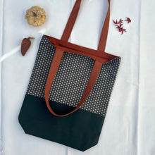 Load image into Gallery viewer, Tote bag. Vintage Japanese kimono fabric with an army green cotton canvas bottom.