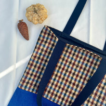 Load image into Gallery viewer, Tote bag. Ex designer check wool fabric tote bag with a royal blue cotton denim bottom.