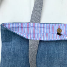 Load image into Gallery viewer, Handbag. Light blue denim and red denim handbag.