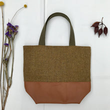 Load image into Gallery viewer, Handbag. Bag. English wool herringbone and camel brown leather handbag.