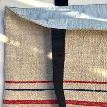 Load image into Gallery viewer, Tote bag. Vintage grain sack and light blue denim tote bag. A two-fabric tote bag.