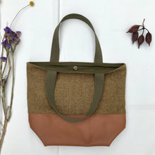 Load image into Gallery viewer, Handbag. Bag. English wool herringbone and camel brown leather handbag.