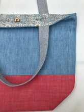 Load image into Gallery viewer, Handbag. Light blue denim and red denim handbag.