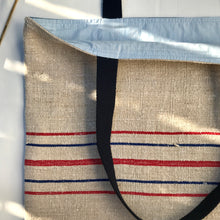 Load image into Gallery viewer, Tote bag. Vintage grain sack and light blue denim tote bag. A two-fabric tote bag.