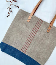 Load image into Gallery viewer, Tote bag. Vintage grain sack tote bag with leather straps. Vertical deep red stripes.