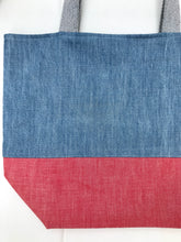 Load image into Gallery viewer, Handbag. Light blue denim and red denim handbag.