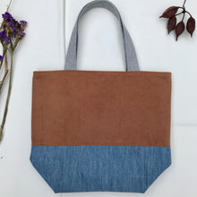 Load image into Gallery viewer, Handbag. Bag. Ex designer rust cotton canvas fabric and light blue denim handbag.