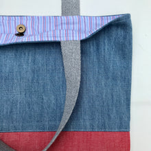 Load image into Gallery viewer, Handbag. Light blue denim and red denim handbag.