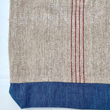 Load image into Gallery viewer, Tote bag. Vintage grain sack tote bag with leather straps. Vertical deep red stripes.