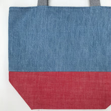 Load image into Gallery viewer, Handbag. Light blue denim and red denim handbag.