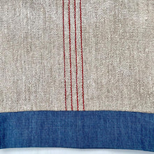 Load image into Gallery viewer, Tote bag. Vintage grain sack tote bag with leather straps. Vertical deep red stripes.