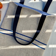 Load image into Gallery viewer, Tote bag. Vintage grain sack tote bag. Handwoven. Horizontal Blue stripe. 100% linen.