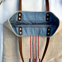 Load image into Gallery viewer, Tote bag. Vintage grain sack tote bag with leather straps. Vertical deep red stripes.
