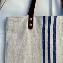 Load image into Gallery viewer, Tote bag. Vintage grain sack tote bag with leather straps. Vertical deep red stripes.