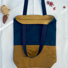 Load image into Gallery viewer, Tote bag. Ex designer check wool fabric tote bag with a royal blue cotton denim bottom.