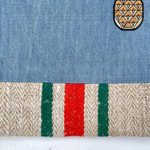 Load image into Gallery viewer, Unique tote bag. Light blue denim with embroidered patches and a vintage grain sack bottom.
