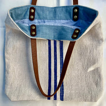 Load image into Gallery viewer, Tote bag. Vintage grain sack tote bag with leather straps. Vertical deep red stripes.