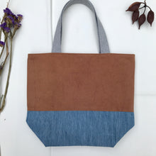 Load image into Gallery viewer, Handbag. Bag. Ex designer rust cotton canvas fabric and light blue denim handbag.