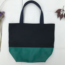 Load image into Gallery viewer, Handbag. Bag. Ex-designer navy blue wool fabric and green leather bag.