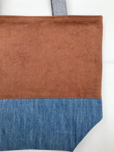 Load image into Gallery viewer, Handbag. Bag. Ex designer rust cotton canvas fabric and light blue denim handbag.