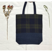 Load image into Gallery viewer, Tote bag. Navy blue and green tweed check design and dark blue denim tote.