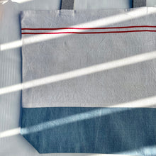 Load image into Gallery viewer, Tote bag. Vintage red striped linen tea towel tote with a light blue denim bottom.