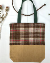 Load image into Gallery viewer, Tote bag. Beautiful check wool with a mustard yellow denim bottom.