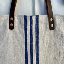 Load image into Gallery viewer, Tote bag. Vintage grain sack tote bag with leather straps. Vertical deep red stripes.
