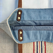 Load image into Gallery viewer, Tote bag. Vintage grain sack tote bag with leather straps. Vertical deep red stripes.