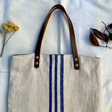 Load image into Gallery viewer, Tote bag. Vintage grain sack tote bag with leather straps. Vertical deep red stripes.