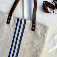 Load image into Gallery viewer, Tote bag. Vintage grain sack tote bag with leather straps. Vertical deep red stripes.