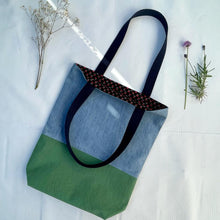 Load image into Gallery viewer, Tote bag. Light blue denim and green cotton canvas tote bag. Lined with a cherries pattern cotton fabric.