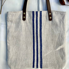 Load image into Gallery viewer, Tote bag. Vintage grain sack tote bag with leather straps. Vertical deep red stripes.