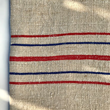 Load image into Gallery viewer, Tote bag. Vintage grain sack and light blue denim tote bag. A two-fabric tote bag.