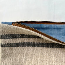 Load image into Gallery viewer, Cream woven canvas pouch with two horizontal grey stripes. YKK zip. Zippered purse. Zippered pouch. YKK zipper.