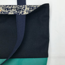 Load image into Gallery viewer, Handbag. Bag. Ex-designer navy blue wool fabric and green leather bag.