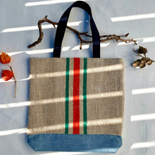 Load image into Gallery viewer, Tote bag. Vintage grain sack tote bag. Vertical green and orange stripes.