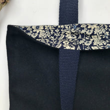 Load image into Gallery viewer, Handbag. Bag. Ex-designer navy blue wool fabric and green leather bag.