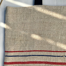 Load image into Gallery viewer, Tote bag. Vintage grain sack and light blue denim tote bag. A two-fabric tote bag.
