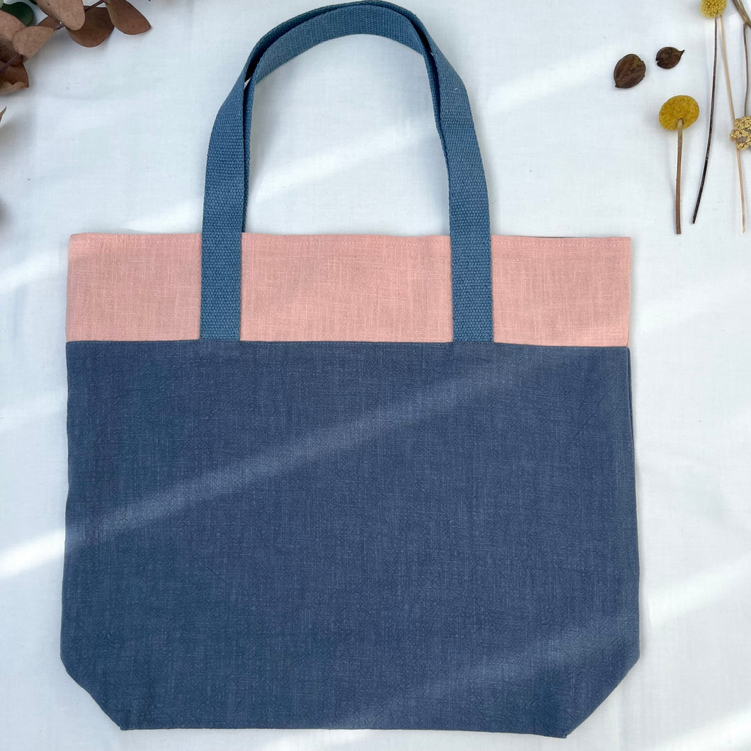 Tote bag. 100% Irish linen tote bag. Stonewashed pink and blue linen.