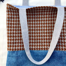 Load image into Gallery viewer, Tote bag. Brown and grey houndstooth wool and blue denim tote. Ex designer fabric.
