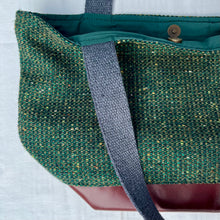 Load image into Gallery viewer, Handbag. XS Bag. Ex-designer green tweed wool fabric and burgundy leather bag.
