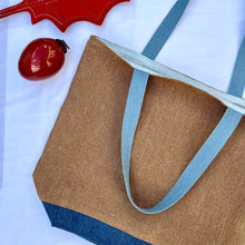 Load image into Gallery viewer, XL Tote Bag. Natural stonewashed brown French linen fabric and a blue cotton denim bottom.

