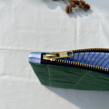 Load image into Gallery viewer, Gorgeous green quilted cotton and light blue cotton denim pouch. 2-fabric pouch with YKK zip. Zippered purse. Zippered pouch.
