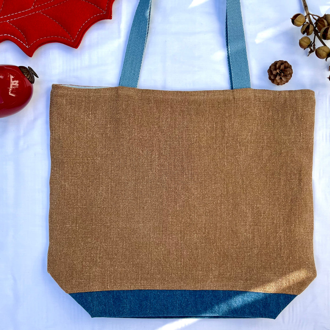 XL Tote Bag. Natural stonewashed brown French linen fabric and a blue cotton denim bottom.