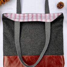 Load image into Gallery viewer, Tote bag. Luxurious grey tweed wool fabric and burgundy leather round bottom.
