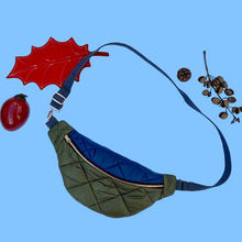 Load image into Gallery viewer, One-of-a-kind tote sling bag. Olive green and blue woven quilt fabric, lined with a gorgeous blue and brown stripe cotton poplin ex-designer fabric.
