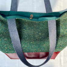Load image into Gallery viewer, Handbag. XS Bag. Ex-designer green tweed wool fabric and burgundy leather bag.
